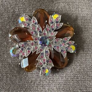 Amber Rhinestone AB Starburt Vintage Layered Floral Brooch